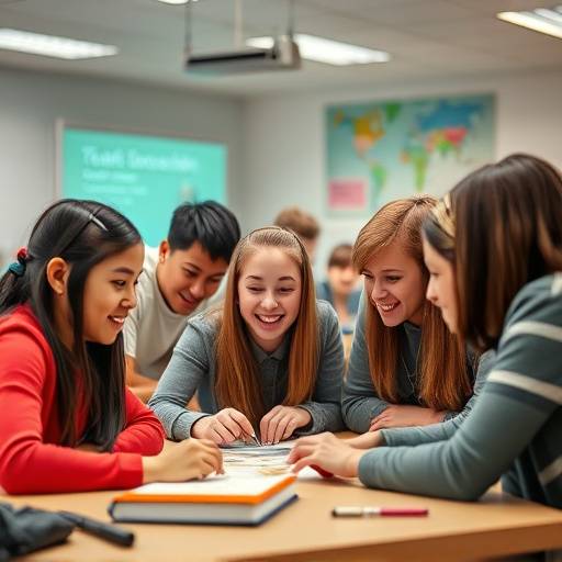 A diverse group of students collaborating on an educational game during a classroom session, showcasing the engaging nature of game-based learning.