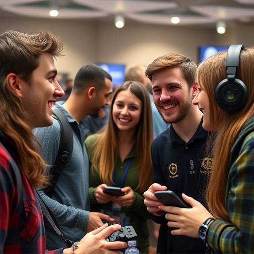 A group of gamers smiling and interacting at a gaming convention, showcasing the community aspect of gaming.
