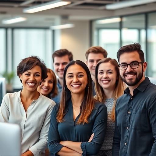 A group photo of the Pixel Pioneers team, smiling and standing together in a modern office space, showcasing their diverse backgrounds and expertise in gaming and social sciences.