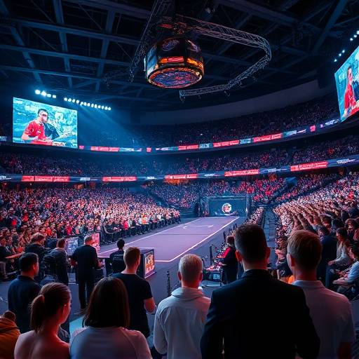 A packed stadium filled with spectators watching a professional esports tournament, with players on stage intensely focused on their computers. Spotlights illuminate the scene.