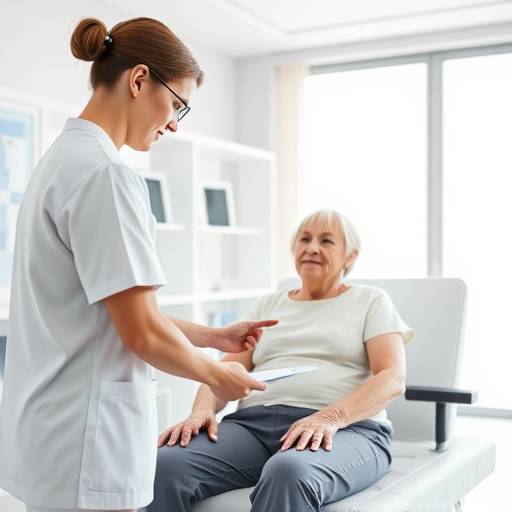 A physical therapist using a gaming system to assist a patient with rehabilitation exercises, demonstrating the application of gaming in healthcare.