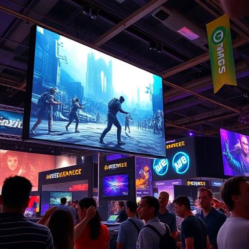 A scene from a popular video game being displayed on a large screen at a gaming convention, illustrating the cultural impact and widespread appeal of modern gaming.