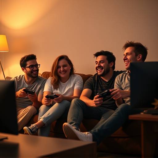 Four friends sitting on a couch, laughing and playing a video game together on a large TV screen, showcasing the social and enjoyable aspects of gaming within a community.